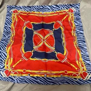 Horse Tack Navy Red Scarf Animal Print Border Silk Like Scarf 20”x 20”